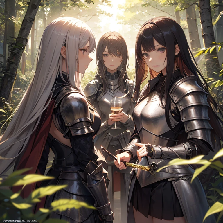 A group of female knights, (in forest), various hair styles, harem, wearing armored clothes, metal armor, night, details face, short skirt, seducing, sword,