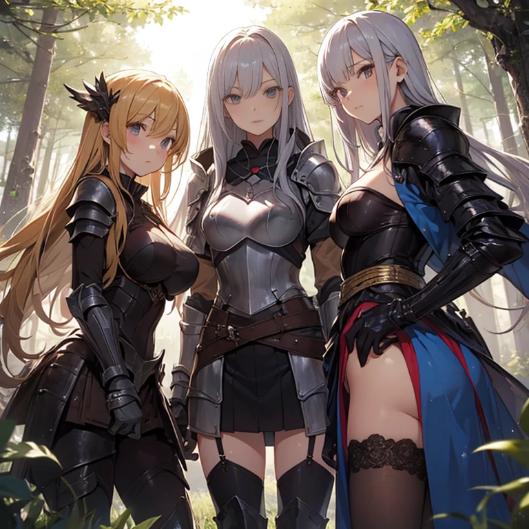 A group of  female knights, (in forest), various hair styles, harem, wearing armored clothes, metal armor, night, details face, short skirt, seducing, sword,