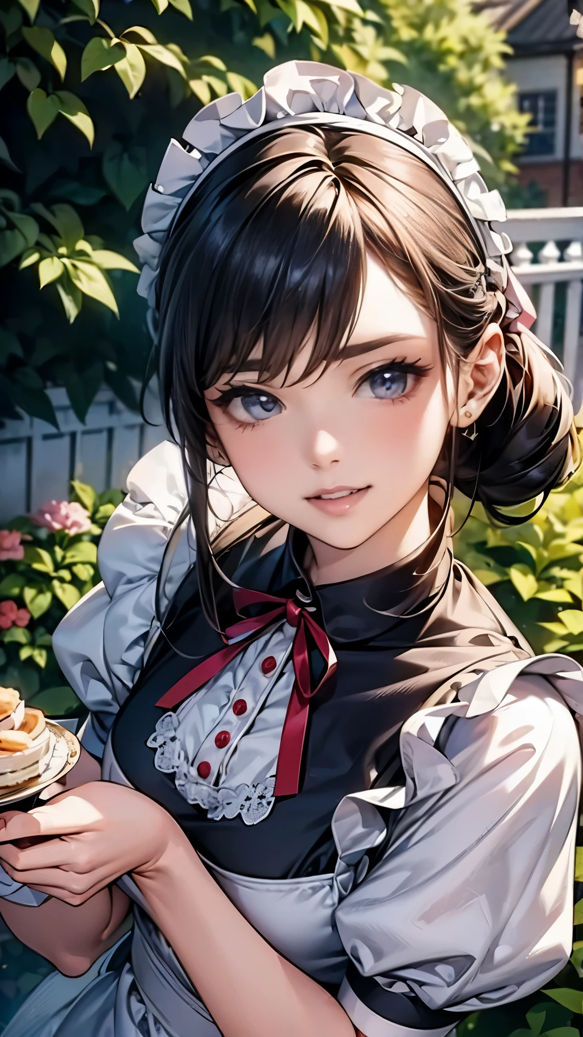 highest quality, masterpiece, 8K, photorealist, ultra high resolution, very delicate and beautiful, HDR, cinematic lighting, medium shot, portrait, perfect female body, Beautiful woman, mature woman, contrasting, put your hand on your head, looking at the viewer,((garden)), (maid:1.6、ruffled apron、ribbon、headdress、high heels、one piece dress、white stockings)、(Clean and neat hairstyle)、cute smile、cleaning、tidying up、cooking、Setting the table、Afternoon tea、