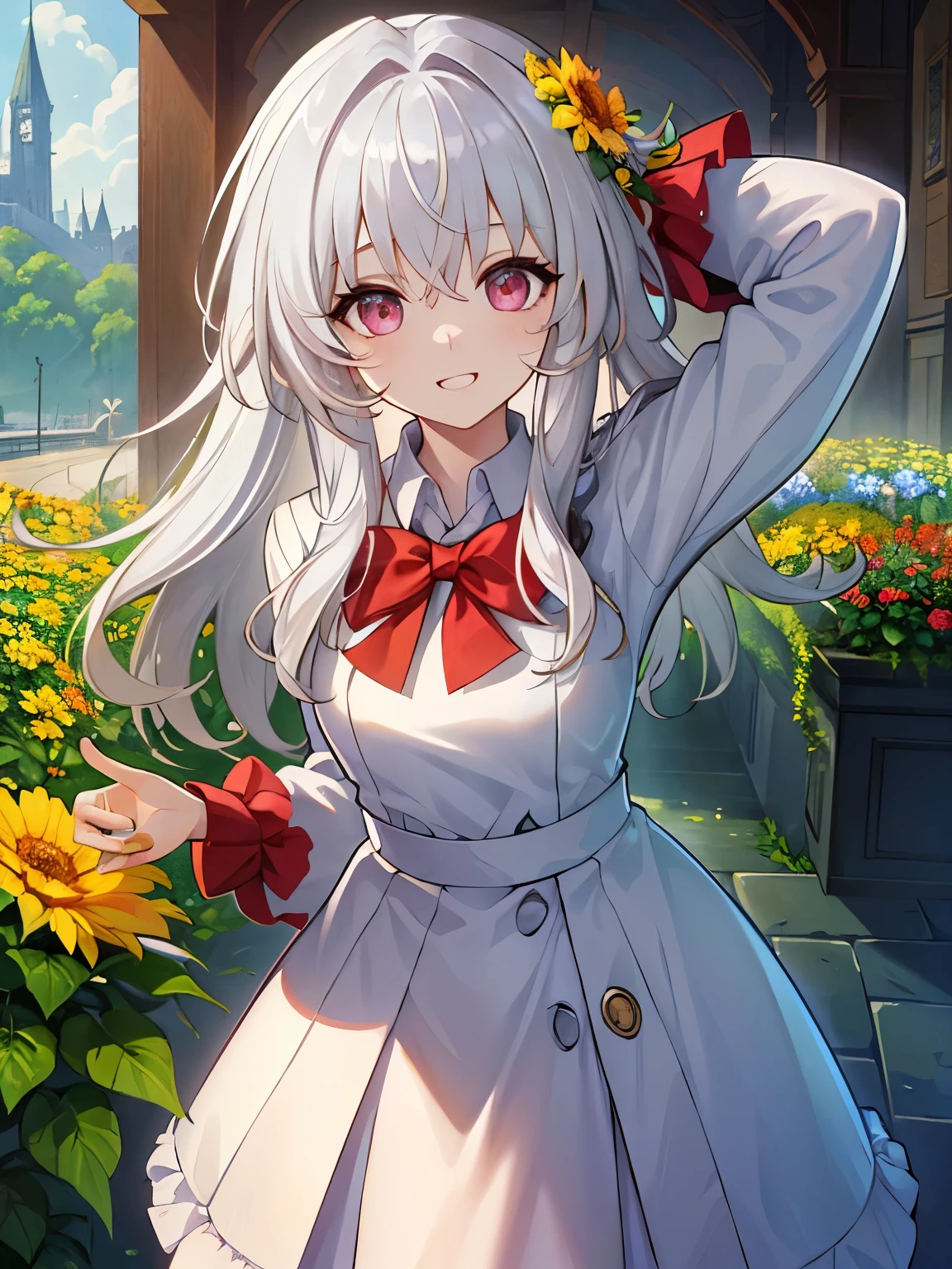 (((Masterpiece1.4))),(((high resolution))),(((best quality))),light-white hair, medium hair, light-peach eyes, OfficialOutfit, Full SchoolOutfit, high resolution, ultrasharp, 8K, masterpiece, looking at viewer, cute personality, cute face,Detailed eyes and face, insanely detailed, flowing hair, standing in flower garden, , playful and cute,no extra hands,no extra finger,cute accessories,smile,