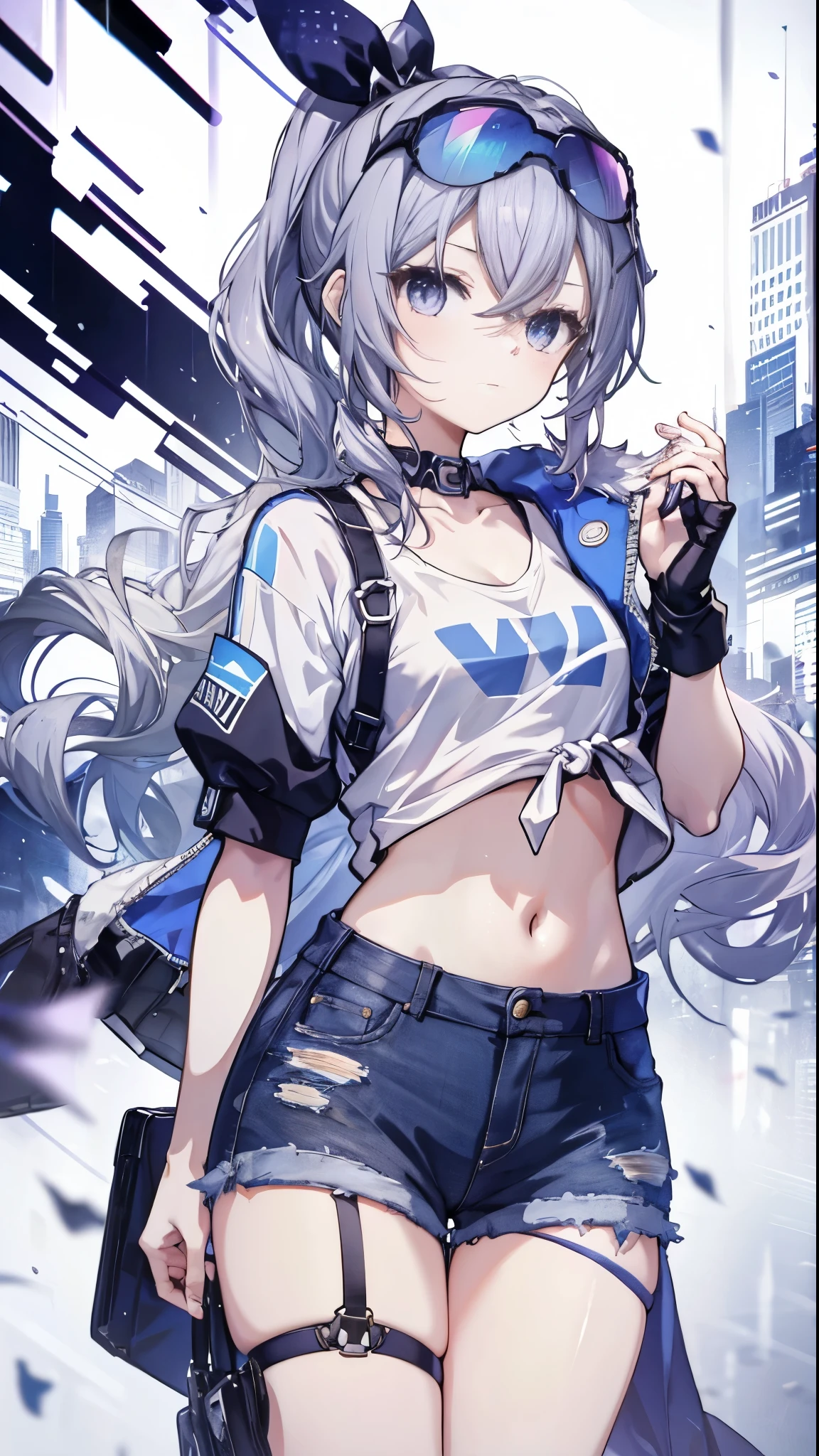 Beautiful masterpiece, best quality, illustration style, An anime girl with a curly ponytail, beautiful eyes, summer, The hem of the white short-sleeved shirt was blown up by the wind, jeans, Blue and purple gradient goggles, small, heartwarming, young and beautiful, Heroic and heroic, Black and white matching, white hair, Show a natural and casual style. Dynamic postures contain the golden section, Large aperture portrait, blank, Strong contrast between light and shadow, Super texture, Super clear and concise pictures, showing extremely beautiful, Elegance, exquisite facial expressions, city background, rain, Road area water reflection