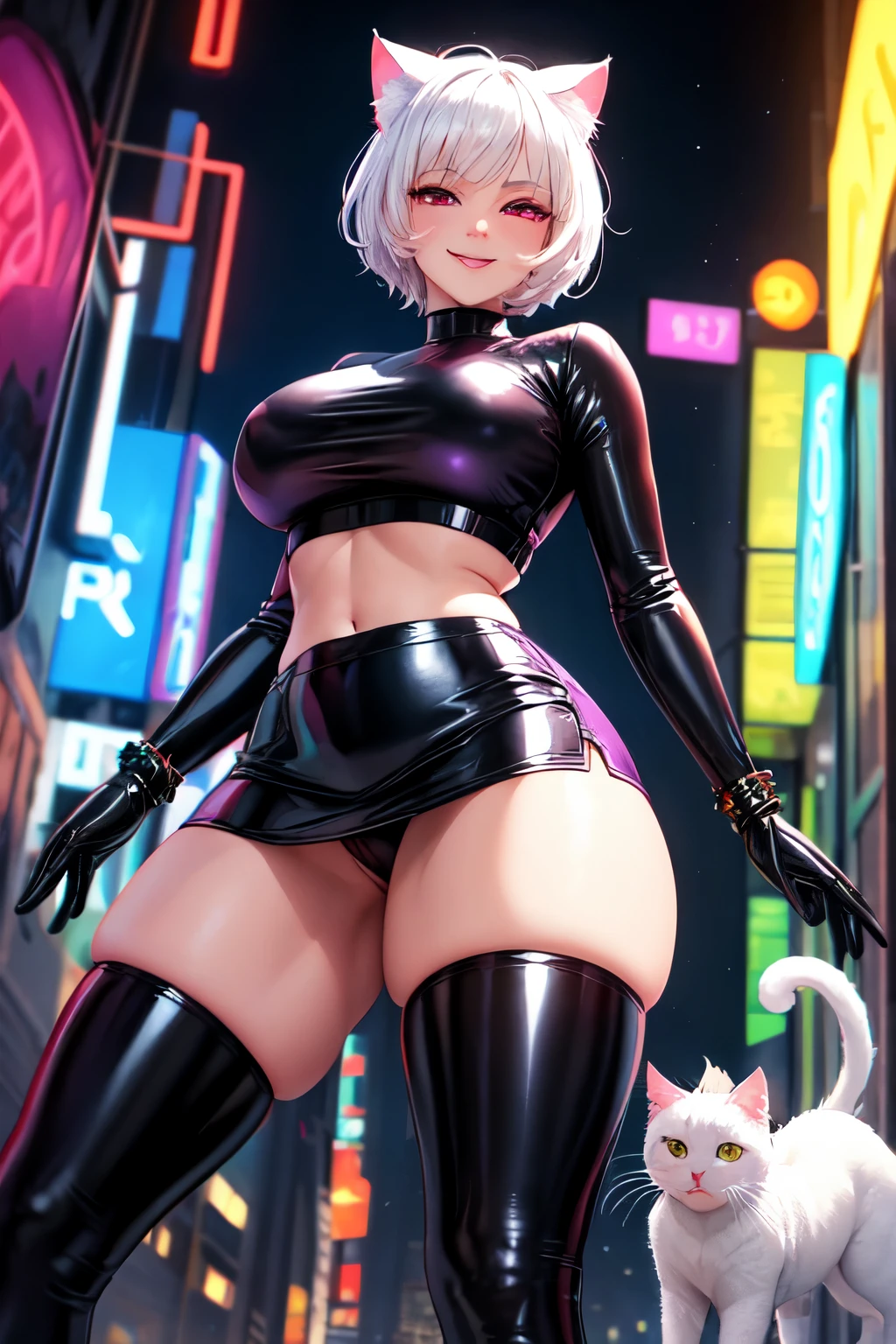 (best quality)), ((masterpiece)), (detailed), perfect face, white hair, white cat ears, white cat tail, DD cup breasts, thick thighs, crazy love eyes, glowing red eyes, smirking, short latex black crop top, black latex short skirt, latex purple stockings, heels, posing, nighttime, city, neon purple lights, holding money, view from below