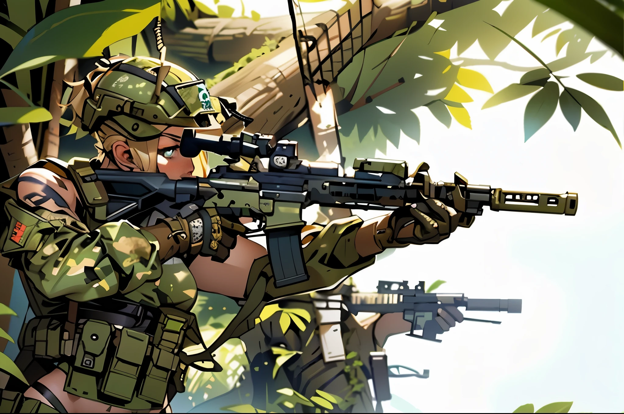 1 female 20 years old, maximum resolution, Carved, army, wearing a soldier&#39;s helmet, beautiful, perfect body, blonde hair, blue eyes, perfect body, thin waist, wide hips, big breasts, slim thighs, jungle background, army, camouflage, tight panties, two piece, very detailed, High resolution, perfect hands, camouflage, have a gun,bare shoulders
