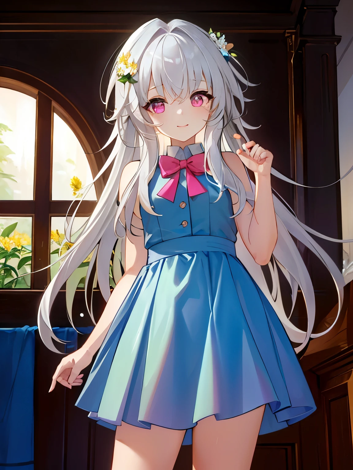 (((Masterpiece1.4))),(((high resolution))),(((best quality))),light-white hair, medium hair, light-peach eyes, OfficialOutfit, Full SchoolOutfit, high resolution, ultrasharp, 8K, masterpiece, looking at viewer, cute personality, cute face,Detailed eyes and face, insanely detailed, flowing hair, standing in flower garden, , playful and cute,no extra hands,no extra finger,cute accessories,smile,