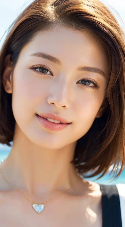 ((highest quality、masterpiece:1.3))、sharp focus:1.2、(realistic、realistic:1.37)、perfect beautiful woman、Highly detailed face and skin texture、Fine eyes and double eyelids、small smile、short cut hair、small bust、small necklace、white sleeveless shirt、strong sunlight、summer sea and sky、