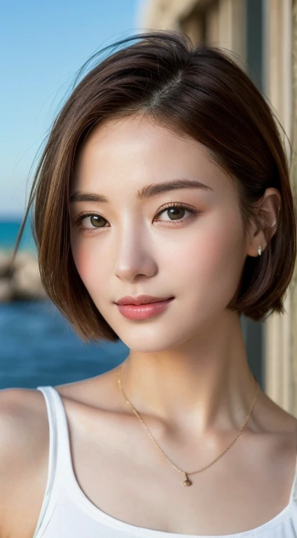 ((highest quality、masterpiece:1.3))、sharp focus:1.2、(realistic、realistic:1.37)、perfect beautiful woman、Highly detailed face and skin texture、Fine eyes and double eyelids、small smile、short cut hair、small bust、small necklace、white sleeveless shirt、strong sunlight、summer sea and sky、