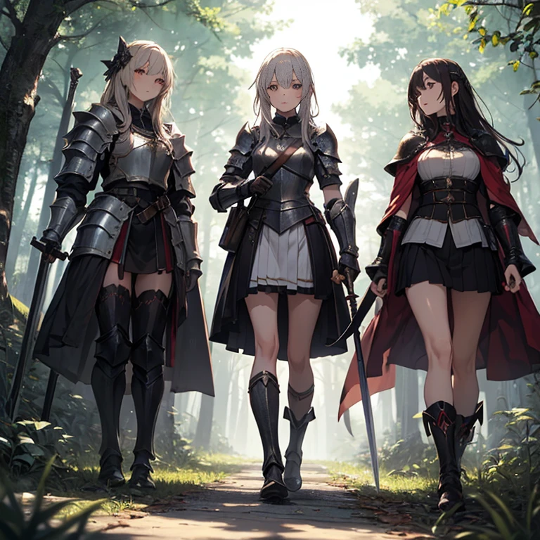 A group of female knights, (in forest), various hair styles, harem, wearing armored clothes, metal armor, night, details face, short skirt, seducing, sword,