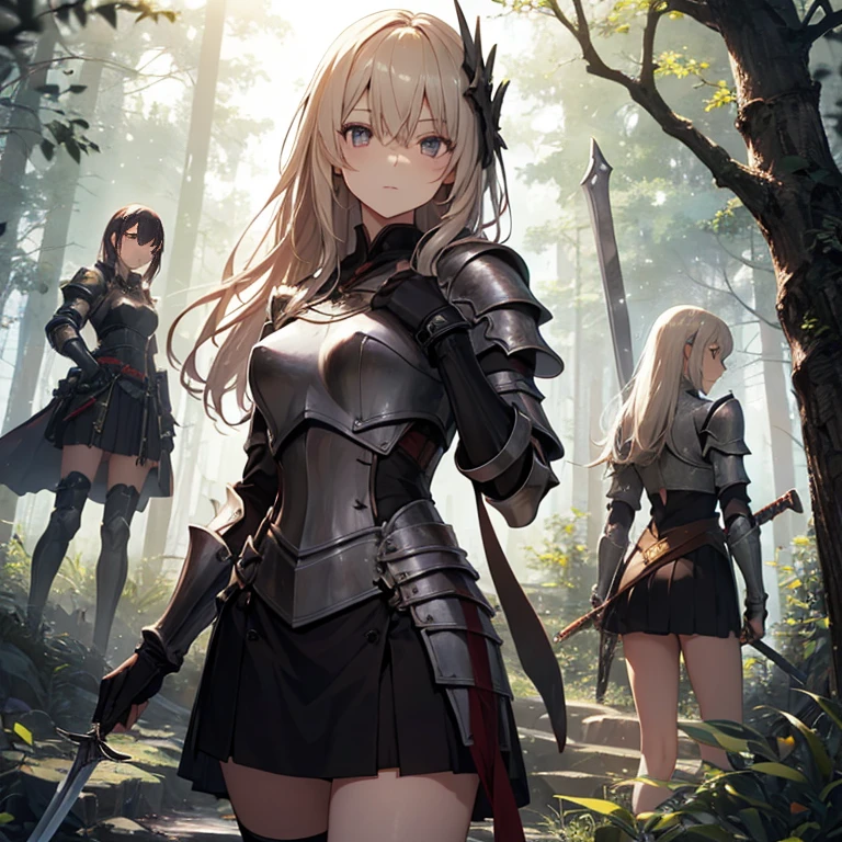 A group of  female knights, (in forest), various hair styles, harem, wearing armored clothes, metal armor, night, details face, short skirt, seducing, sword,