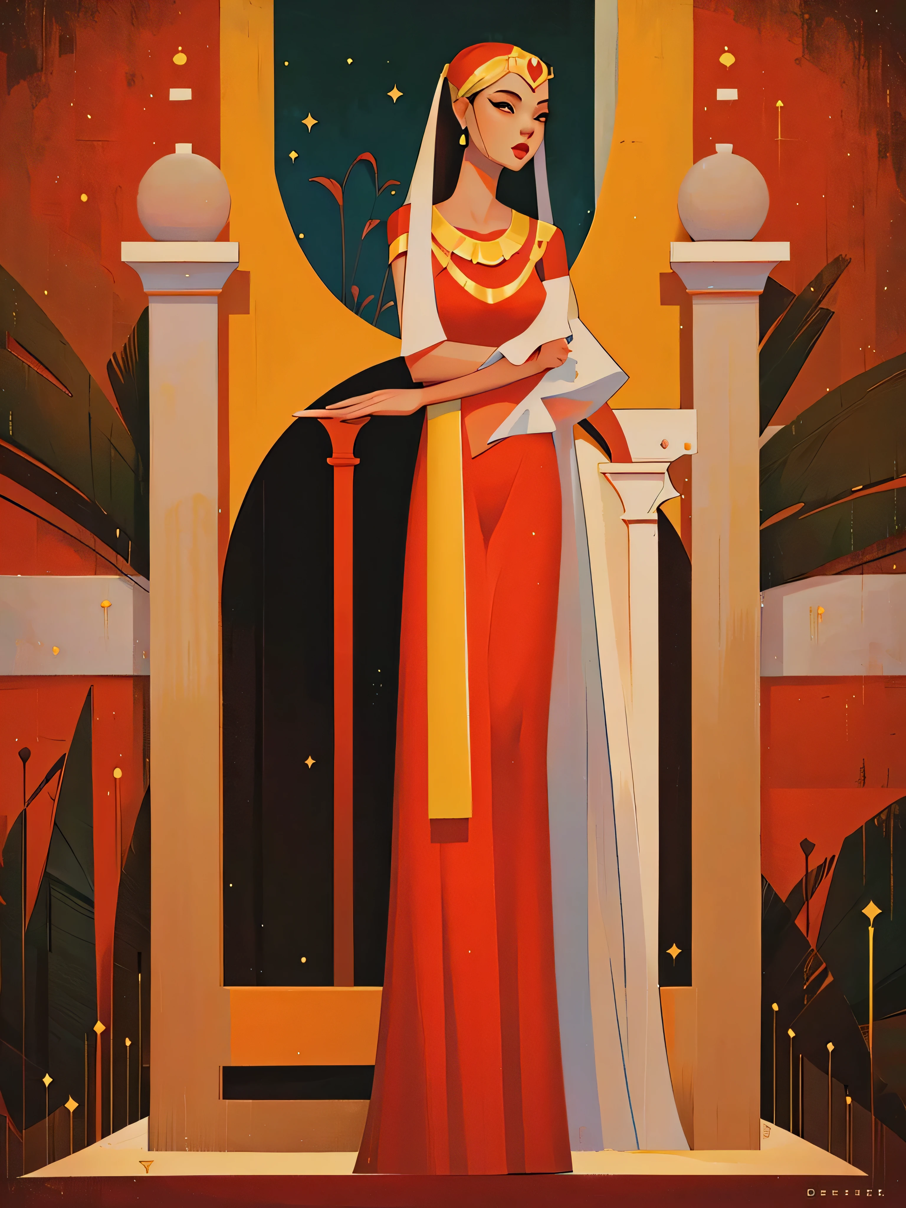 painting of a woman in a red and white drees, by Carlo Mense, inspired by Art Frahm, gorgeous woman, orientalism painting, ( art fitzpatrick ), kenton nelson, art deco painting, by Glen Angus, bruce timm and vladimir kush, goddess of travel, inspired by Vladimir Kush, beautiful goddess, elegant woman, beautiful cleopatra