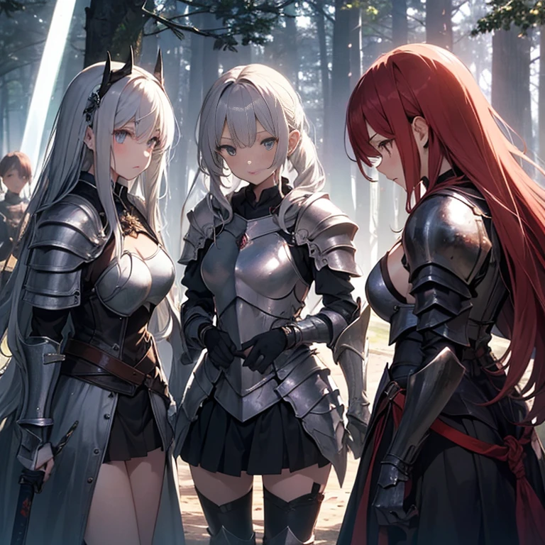 A group of  female knights, (in forest), various hair styles, harem, wearing armored clothes, metal armor, night, details face, short skirt, seducing, sword,