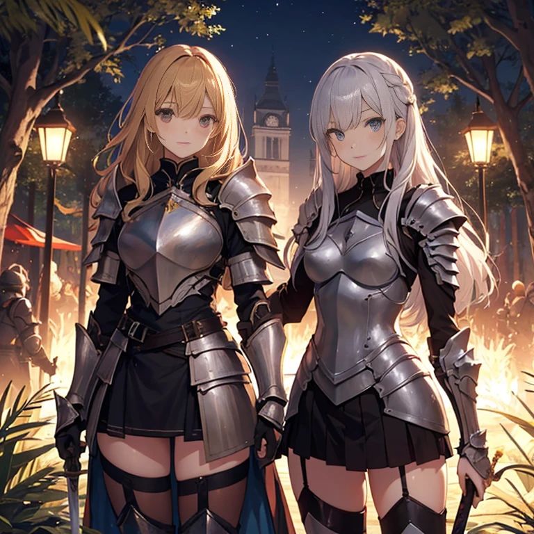 A group of female knights, (in forest), various hair styles, harem, wearing armored clothes, metal armor, night, details face, short skirt, seducing, sword,