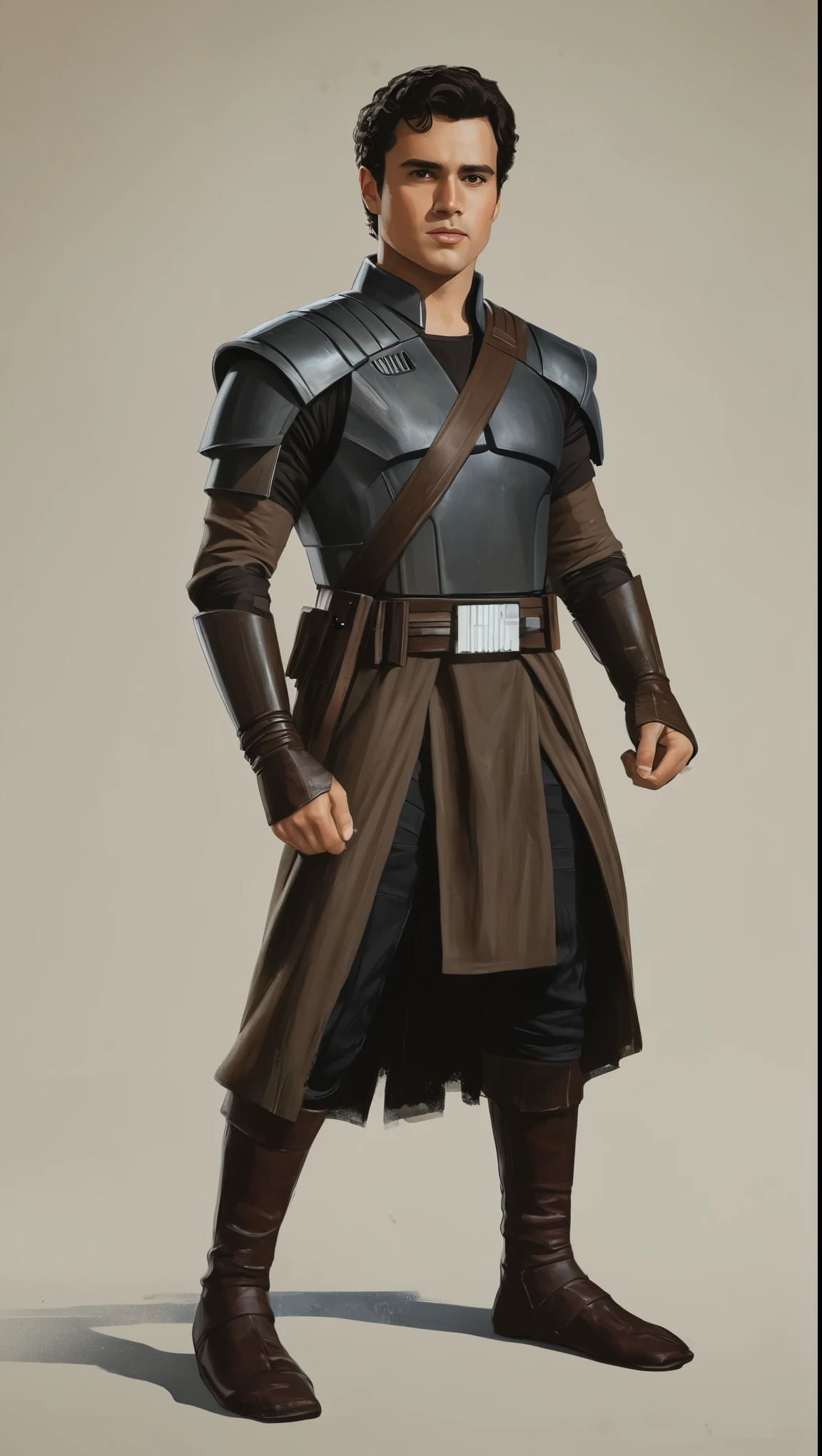 An illustrated movie poster, hand-drawn, full color, a Jedi Knight, 28 years-old, wearing a dark jedi tunic, resembles Gavin Leatherwood, sun-tanned skin, stocky physique, deep brown eyes, wide bulbous nose, black hair, curly hair, thick bushy eyebrows, extremely hairy chest, stomach, and arms, lots of body hair, posing on a pedestal, hard shadows, graphite shading, stencil markings, airbrushed acrylic paint, masterpiece, in the style of Star Wars