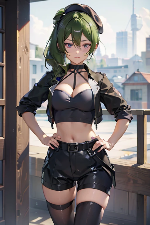 ubel,dark green hair,long hair,side ponytail,hair between eyes,bangs, BREAK (beret, black jacket, open clothes, cleavage, midriff, black shorts, black thighhighs, thigh strap, fingerless gloves, single glove:1.2) BREAK blurry background, BREAK pose, hand on hip, BREAK (masterpiece:1.2), best quality, high resolution, unity 8k wallpaper, (illustration:0.8), (beautiful detailed eyes:1.6), extremely detailed face, perfect lighting, extremely detailed CG, (perfect hands, perfect anatomy),
