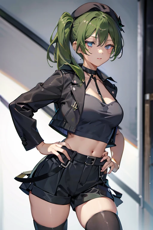 ubel,dark green hair,long hair,side ponytail,hair between eyes,bangs, BREAK (beret, black jacket, open clothes, cleavage, midriff, black shorts, black thighhighs, thigh strap, fingerless gloves, single glove:1.2) BREAK blurry background, BREAK pose, hand on hip, BREAK (masterpiece:1.2), best quality, high resolution, unity 8k wallpaper, (illustration:0.8), (beautiful detailed eyes:1.6), extremely detailed face, perfect lighting, extremely detailed CG, (perfect hands, perfect anatomy),