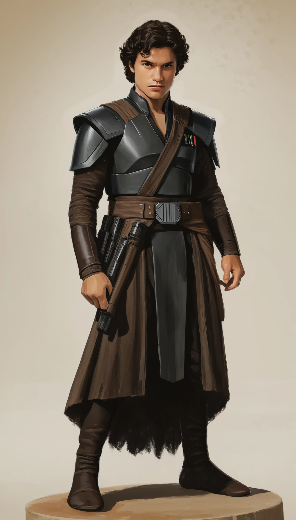 An illustrated movie poster, hand-drawn, full color, a Jedi Knight, 28 years-old, wearing a dark jedi tunic, resembles Gavin Leatherwood, sun-tanned skin, stocky physique, deep brown eyes, wide bulbous nose, black hair, curly hair, thick bushy eyebrows, extremely hairy chest, stomach, and arms, lots of body hair, posing on a pedestal, hard shadows, graphite shading, stencil markings, airbrushed acrylic paint, masterpiece, in the style of Star Wars