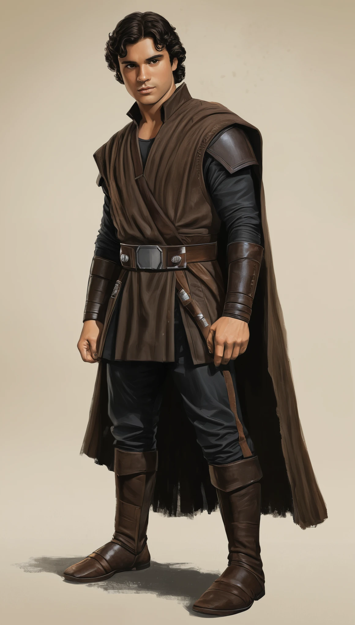 An illustrated movie poster, hand-drawn, full color, a Jedi Knight, 28 years-old, wearing a dark jedi tunic, resembles Gavin Leatherwood, sun-tanned skin, stocky physique, deep brown eyes, wide bulbous nose, black hair, curly hair, thick bushy eyebrows, extremely hairy chest, stomach, and arms, lots of body hair, posing on a pedestal, hard shadows, graphite shading, stencil markings, airbrushed acrylic paint, masterpiece, in the style of Star Wars