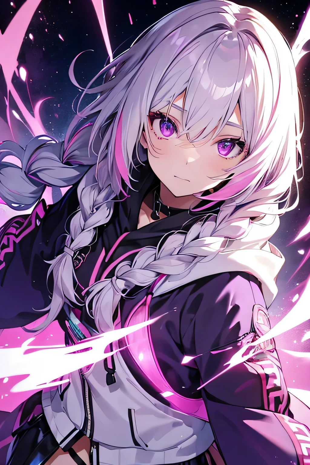 create images of a girl with straight white hair with a braid with pink highlights and purple eyes wearing a hood and shiny accessories