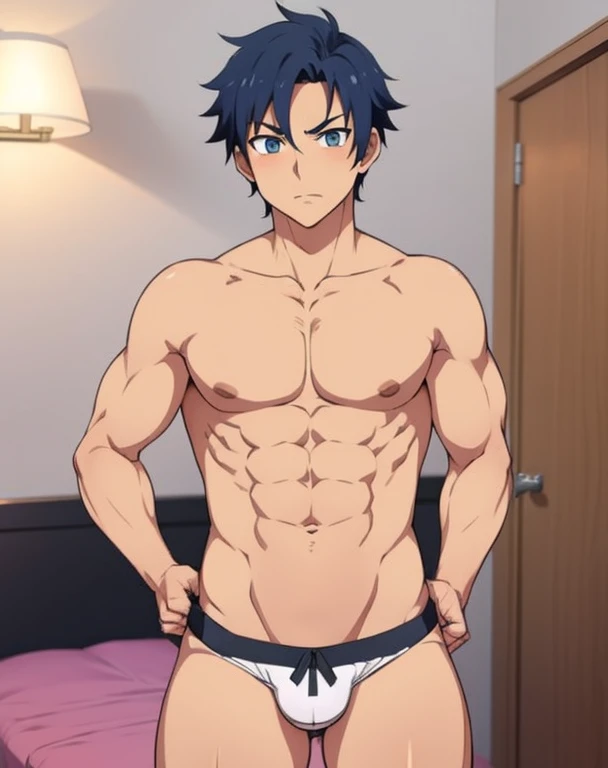 Anime boy, handsome, showing chest, tanned skin, thick thighs, bedroom, small waist