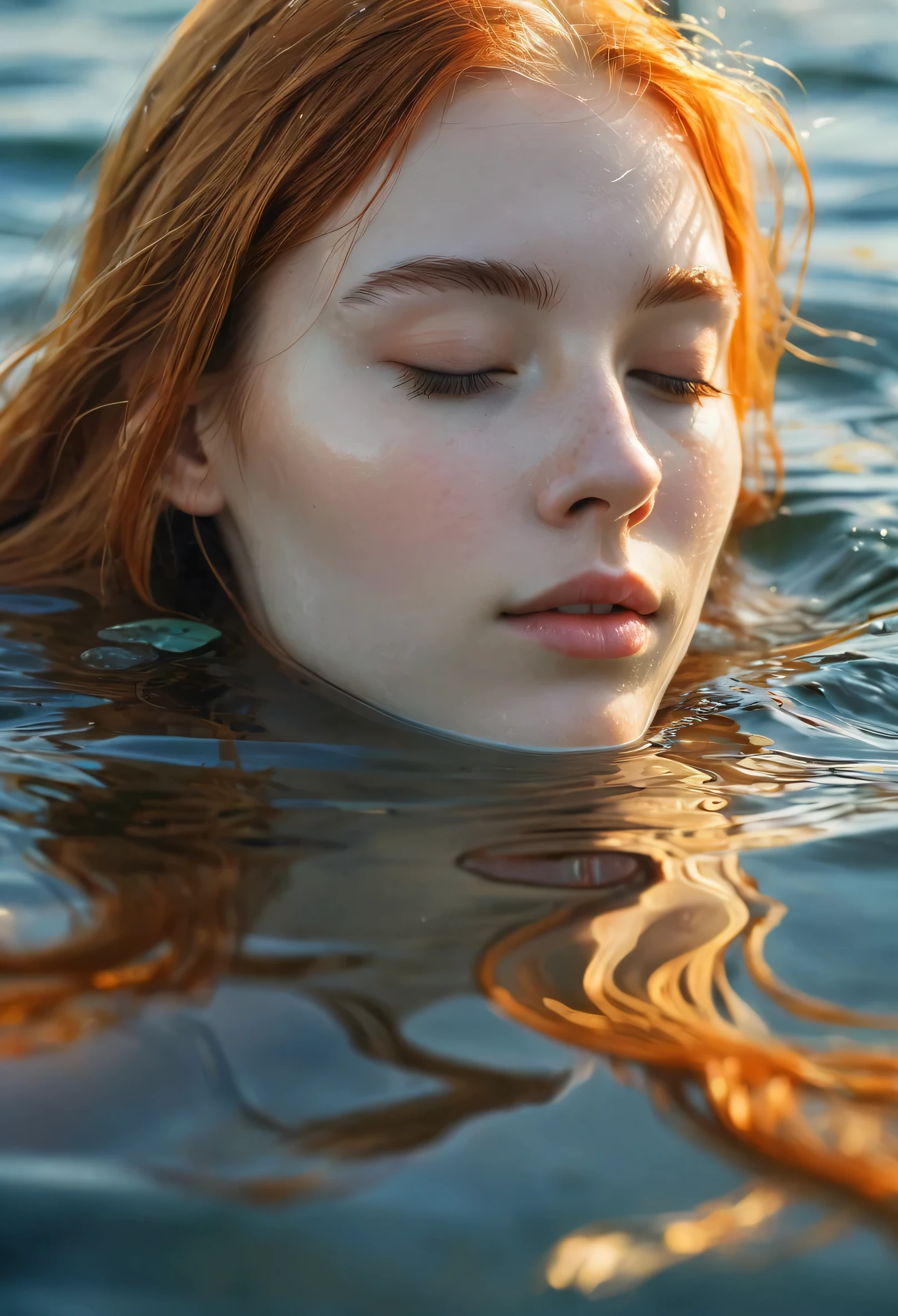 A girl,sleeping on the water,close up, long orange hair waving in the water,hyperdetailed photography,(best quality:1.2),ultra-detailed,realistic:1.37,hair flowing in the water,peaceful expression,serene atmosphere,subtle ripples on the surface,gentle sunlight illuminating her face,touch of golden hour lighting,soft pastel colors,dreamlike scene,reflection of the girl in the water,calmness and tranquility,crystal clear water,meticulous attention to facial features, ethereal beauty,harmony between the girl and the surroundings,rays of light penetrating the water,sublime composition