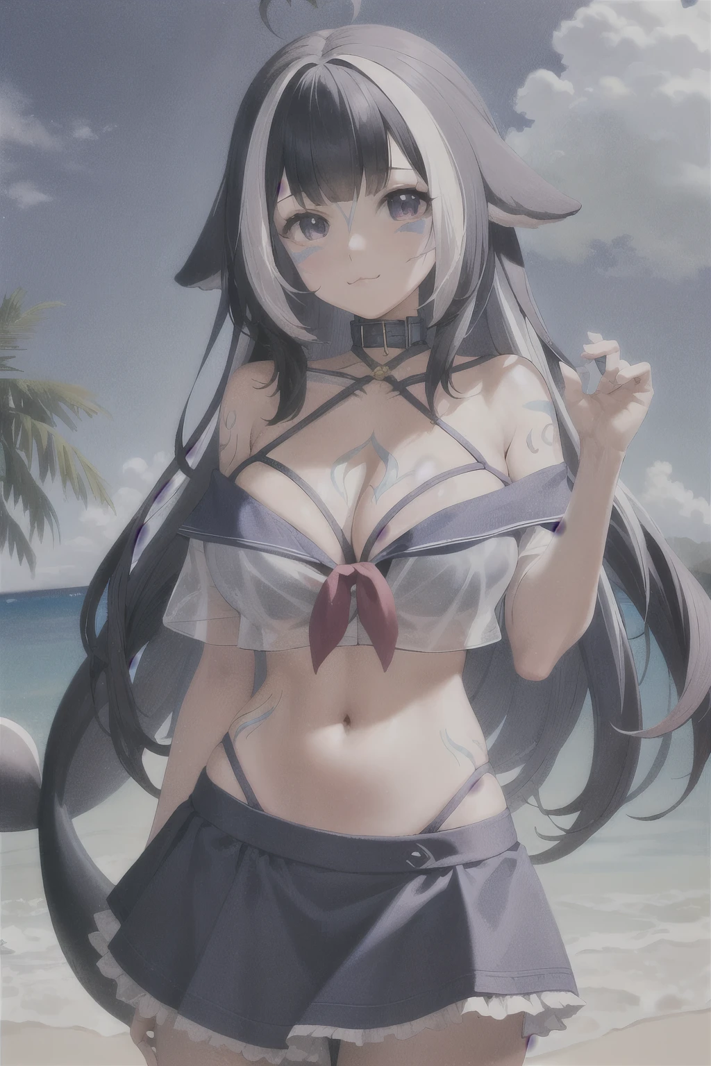 (masterpiece), (ultra-detailed), best quality, 8k, 1girl, solo, beach, ocean, shylilyfirst, :3, large breasts, cleavage, skirt, shirt, bikini, bikini under clothes, off-shoulder, see-through, see-through shirt, thigh strap, navel, sailor collar, , halterneck, criss-cross halter, facial mark, tattoo, cetacean tail, 