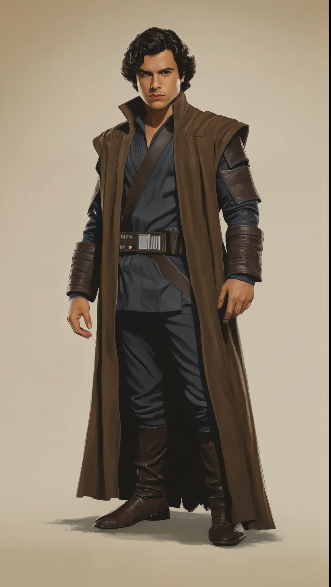 An illustrated movie poster, hand-drawn, full color, a Jedi Knight, 28 years-old, wearing a jedi long coat, resembles Gavin Leatherwood, sun-tanned skin, stocky physique, deep brown eyes, wide bulbous nose, black hair, curly hair, thick bushy eyebrows, extremely hairy chest, stomach, and arms, lots of body hair, posing on a pedestal, hard shadows, graphite shading, stencil markings, airbrushed acrylic paint, masterpiece, in the style of Star Wars