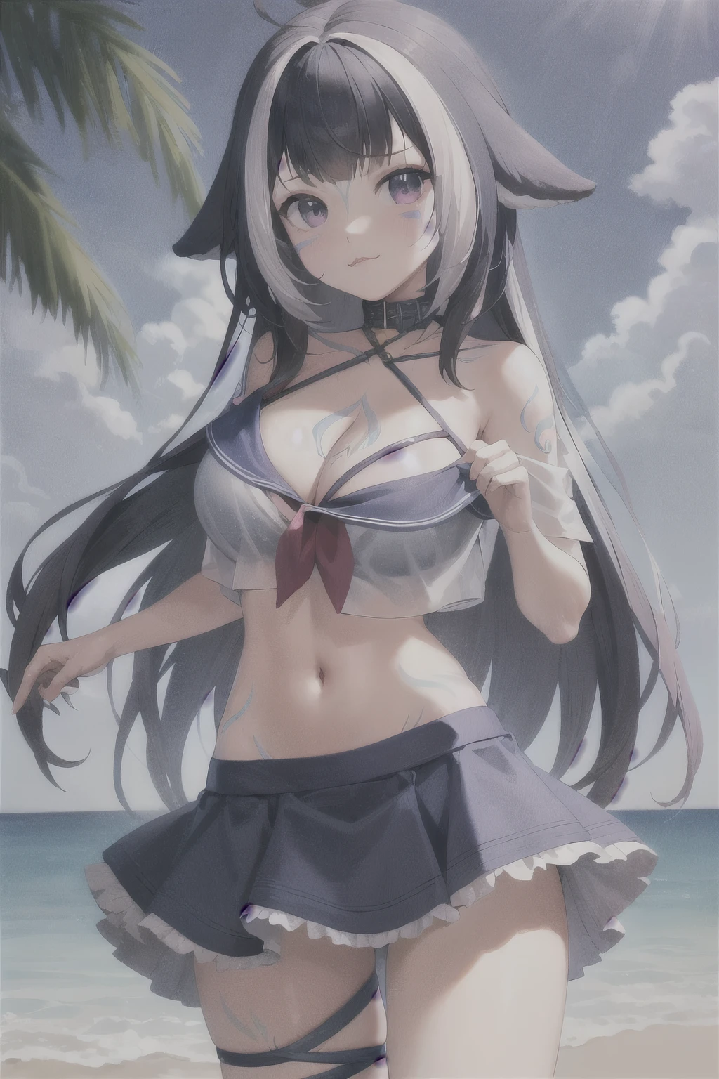 (masterpiece), (ultra-detailed), best quality, 8k, 1girl, solo, beach, ocean, shylilyfirst, :3, large breasts, cleavage, skirt, shirt, bikini, bikini under clothes, off-shoulder, see-through, see-through shirt, thigh strap, navel, sailor collar, , halterneck, criss-cross halter, facial mark, tattoo, cetacean tail,