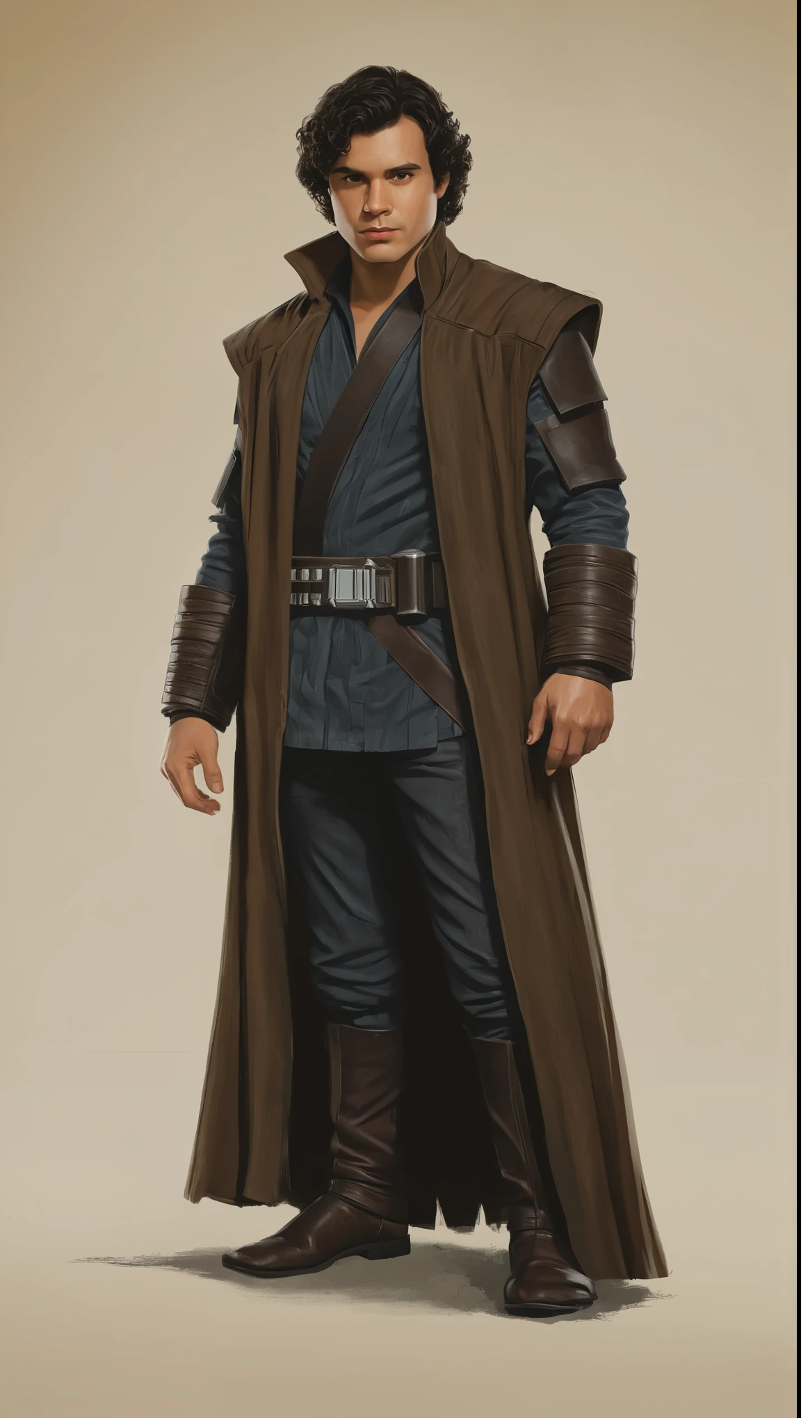 An illustrated movie poster, hand-drawn, full color, a Jedi Knight, 28 years-old, wearing a jedi long coat, resembles Gavin Leatherwood, sun-tanned skin, stocky physique, deep brown eyes, wide bulbous nose, black hair, curly hair, thick bushy eyebrows, extremely hairy chest, stomach, and arms, lots of body hair, posing on a pedestal, hard shadows, graphite shading, stencil markings, airbrushed acrylic paint, masterpiece, in the style of Star Wars