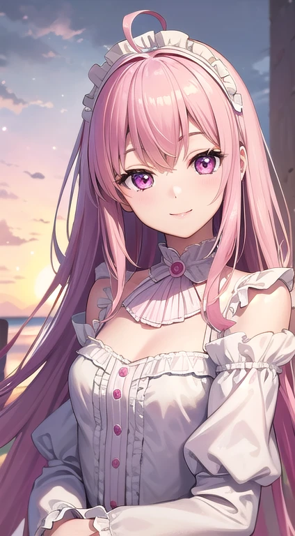 最high quality,very detailed,high quality,Extremely detailed,masterpiece,Super fine,ultra high resolution,超high quality,super delicate face,super realistic,(1 person:1.2)、woman、(Mature:1.5)、pink hair color、(pink eyes)、small breasts 、slender body、Ahoge、(smile:1.3)、one piece