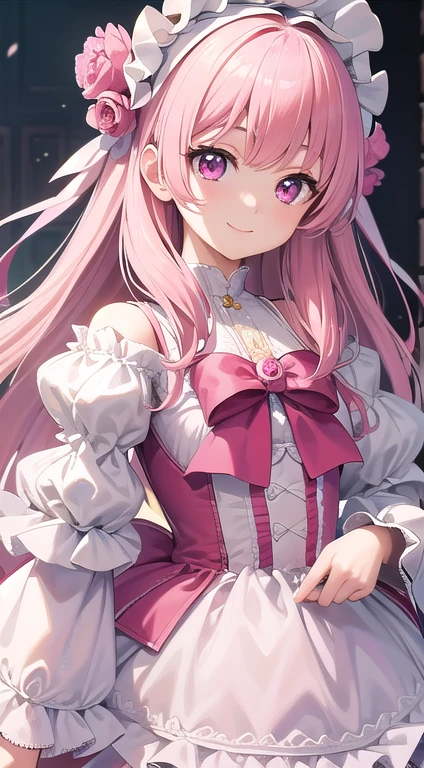 最high quality,very detailed,high quality,Extremely detailed,masterpiece,Super fine,ultra high resolution,超high quality,super delicate face,super realistic,(1 person:1.2)、woman、(Mature:1.5)、pink hair color、(pink eyes)、small breasts 、slender body、Ahoge、(Smile:1.3)、lolita fashion