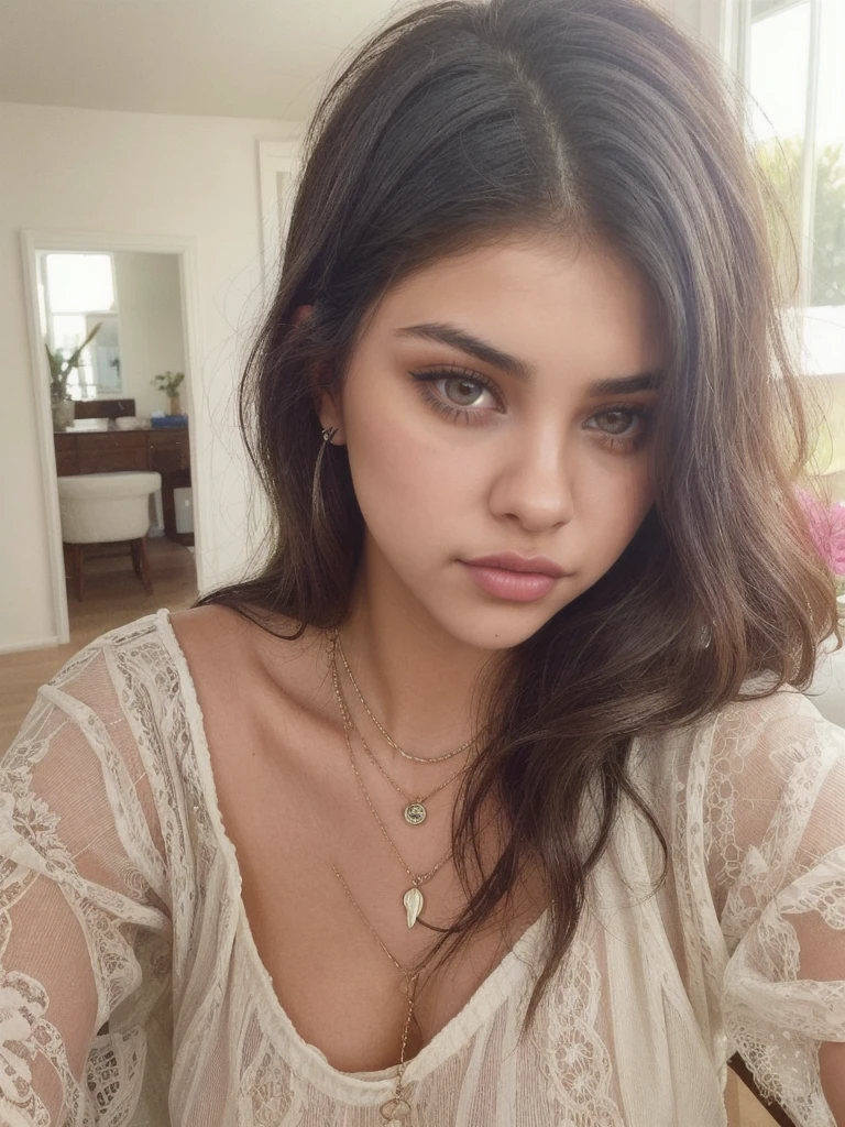 there is a woman that is sitting down with a necklace on, without makeup, gorgeous latina face, violet myers, selena gomez, sexy face, sexy gaze, kylie jenner, madison beer, 18 years old, taken in the early 2020s, no makeup wavy hair, dua lipa, instagram selfie, selfie of a young woman, sultry smirk