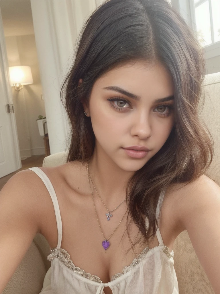 there is a woman that is sitting down with a necklace on, without makeup, gorgeous latina face, violet myers, selena gomez, sexy face, sexy gaze, kylie jenner, madison beer, 18 years old, taken in the early 2020s, no makeup wavy hair, dua lipa, instagram selfie, selfie of a young woman, sultry smirk