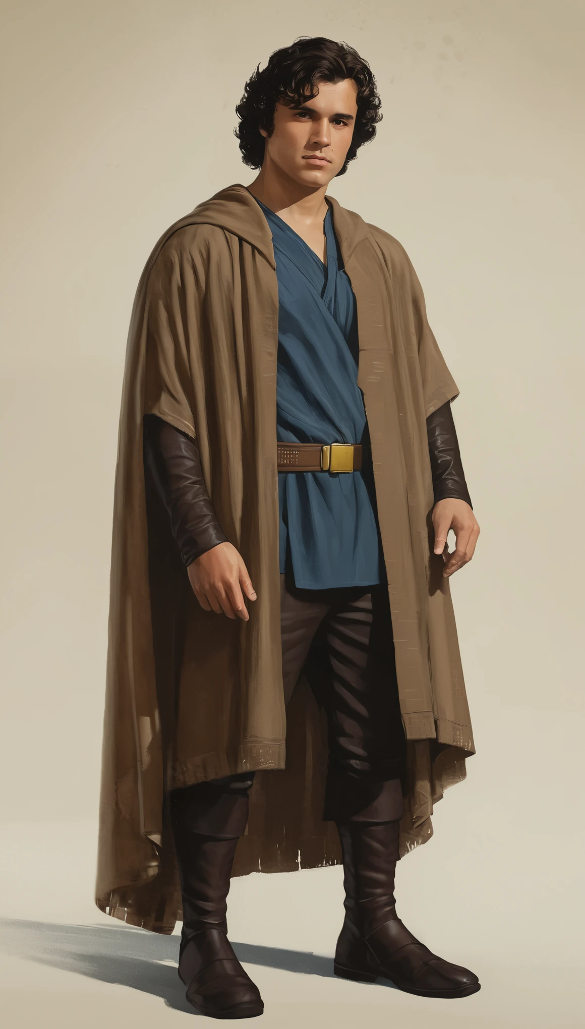 An illustrated movie poster, hand-drawn, full color, a Jedi Knight, 28 years-old, wearing a jedi poncho, resembles Gavin Leatherwood, sun-tanned skin, stocky physique, deep brown eyes, wide bulbous nose, black hair, curly hair, thick bushy eyebrows, extremely hairy chest, stomach, and arms, lots of body hair, posing on a pedestal, hard shadows, graphite shading, stencil markings, airbrushed acrylic paint, masterpiece, in the style of Star Wars