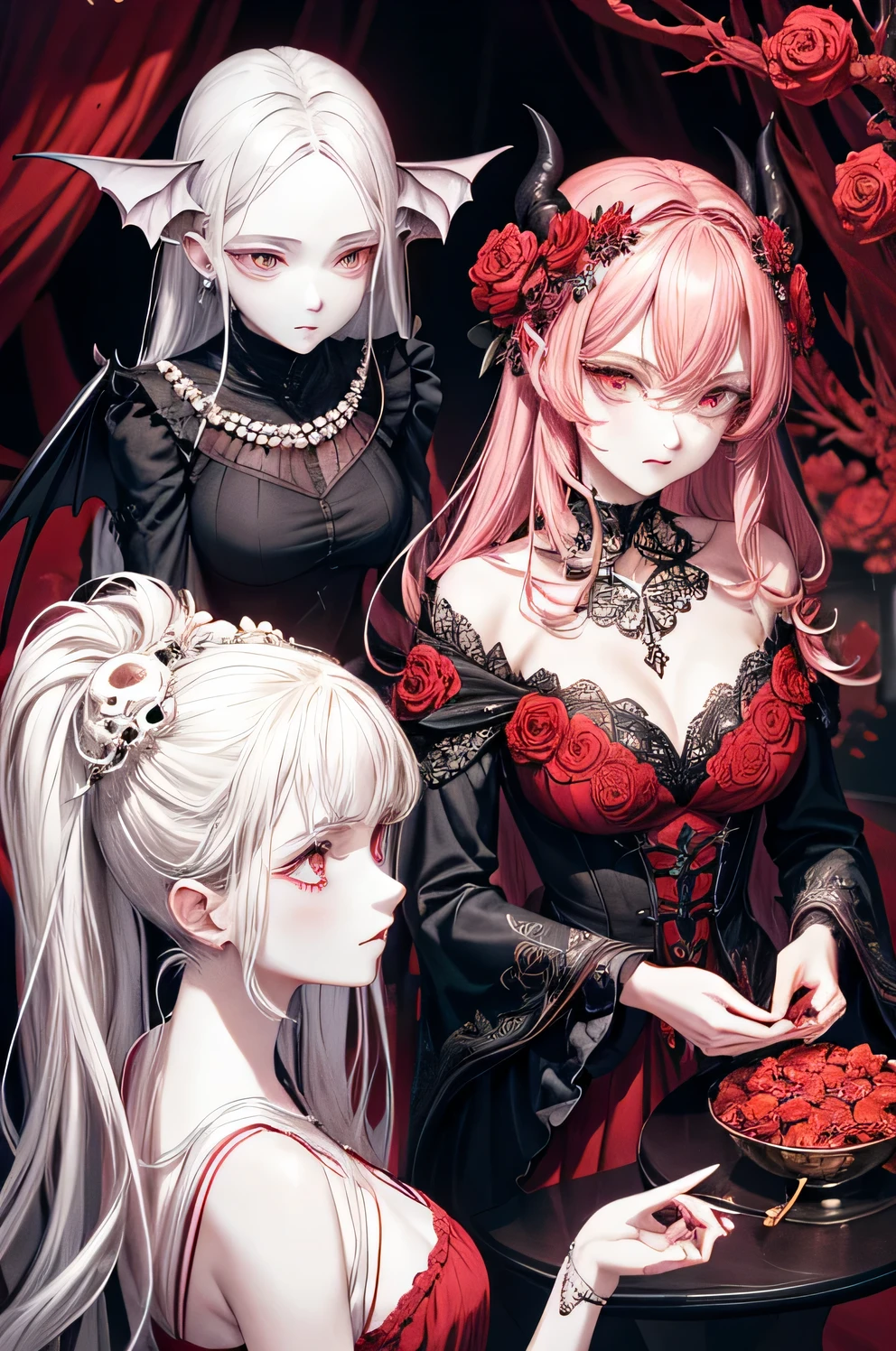 "Behold the captivating brand logo of 'Eat the Demons', adorned with a soft pink hue that emanates an air of gentle sophistication. The logo deepens with the addition of blood red and dark red tones, instilling a sense of both sweetness and somberness. The color palette conclusively embraces light gray and black, creating a professional design that exudes an enchanting allure. Delicate details and intricate motifs of skulls, bats, demons, and pearls add a unique touch to the logo, elevating its overall aesthetic and appeal."