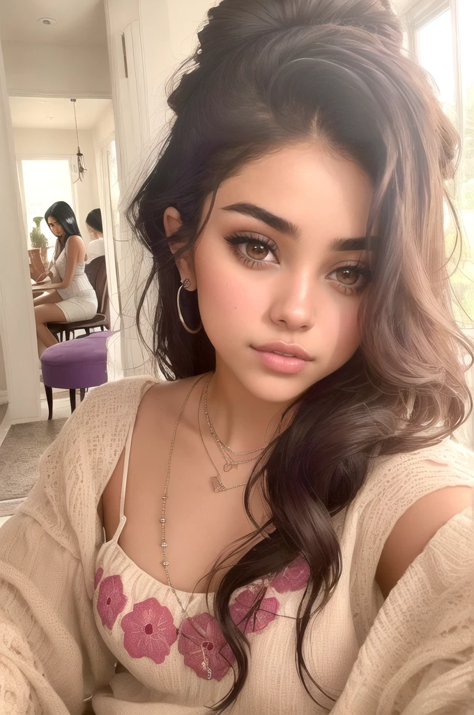 there is a woman that is sitting down with a necklace on, without makeup, gorgeous latina face, violet myers, selena gomez, sexy face, sexy gaze, kylie jenner, madison beer, 18 years old, taken in the early 2020s, no makeup wavy hair, dua lipa, instagram selfie, selfie of a young woman, sultry smirk