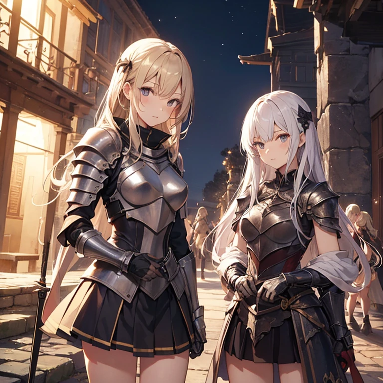 A group of female knights, (in temple), various hair styles, harem, wearing armored clothes, metal armor, night, details face, short skirt, seducing, sword, sleeveless