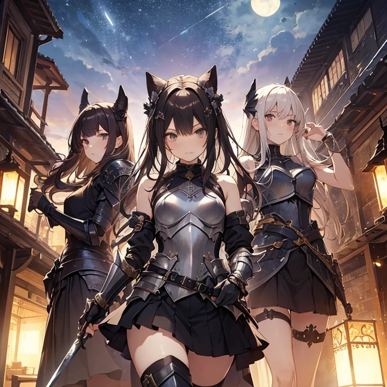 A group of  female knights, (in temple), various hair styles, harem, wearing armored clothes, metal armor, night, details face, short skirt, seducing, sword, sleeveless 