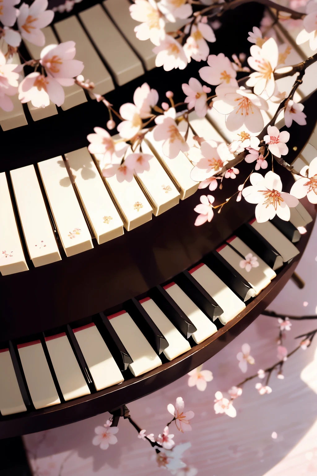 (Cherry Blossoms: 1.3), (Piano: 1.1), (Close-up: 1.2), (Japanese Cartoons: 1.1), (2D Animation: 1.1), (Classic Piano Under Cherry Trees: 1.1), (Colorful: 1.1), (Healing: 1.2), (Gentle: 1.1), Ultra HD, (Delicate Light and Shadow: 1.2), Ultra High Definition, High Definition.

A close-up image of a traditional Japanese piano nestled under a canopy of blooming cherry blossoms.