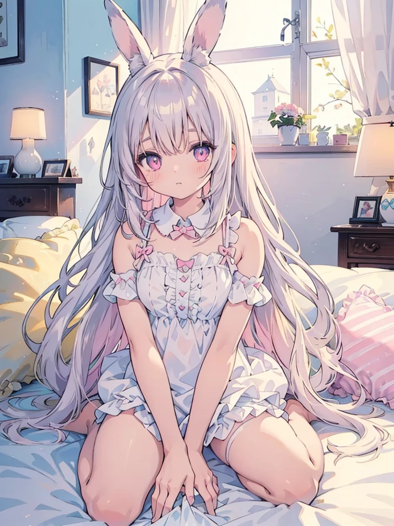 beautiful illustration, best quality, cute girl, bedroom, pastel color, fluffy bunny ears, , silver long hair, rabbit stuffed toy, bright lighting, light pink eyes