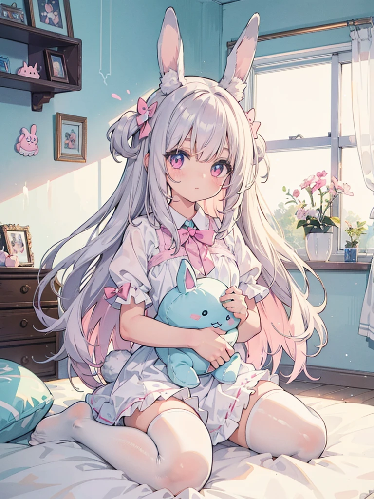 beautiful illustration, best quality, cute girl, bedroom, pastel color, fluffy bunny ears, , silver long hair, rabbit stuffed toy, bright lighting, light pink eyes