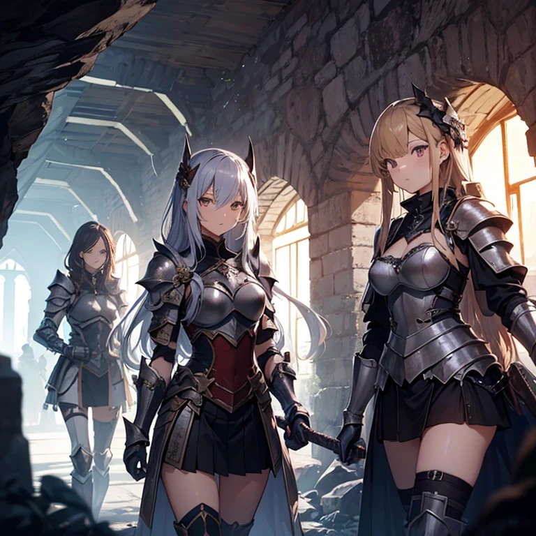 A group of female knights, (in cave), various hair styles, harem, wearing armored clothes, metal armor, night, details face, short skirt, seducing, sword, sleeveless