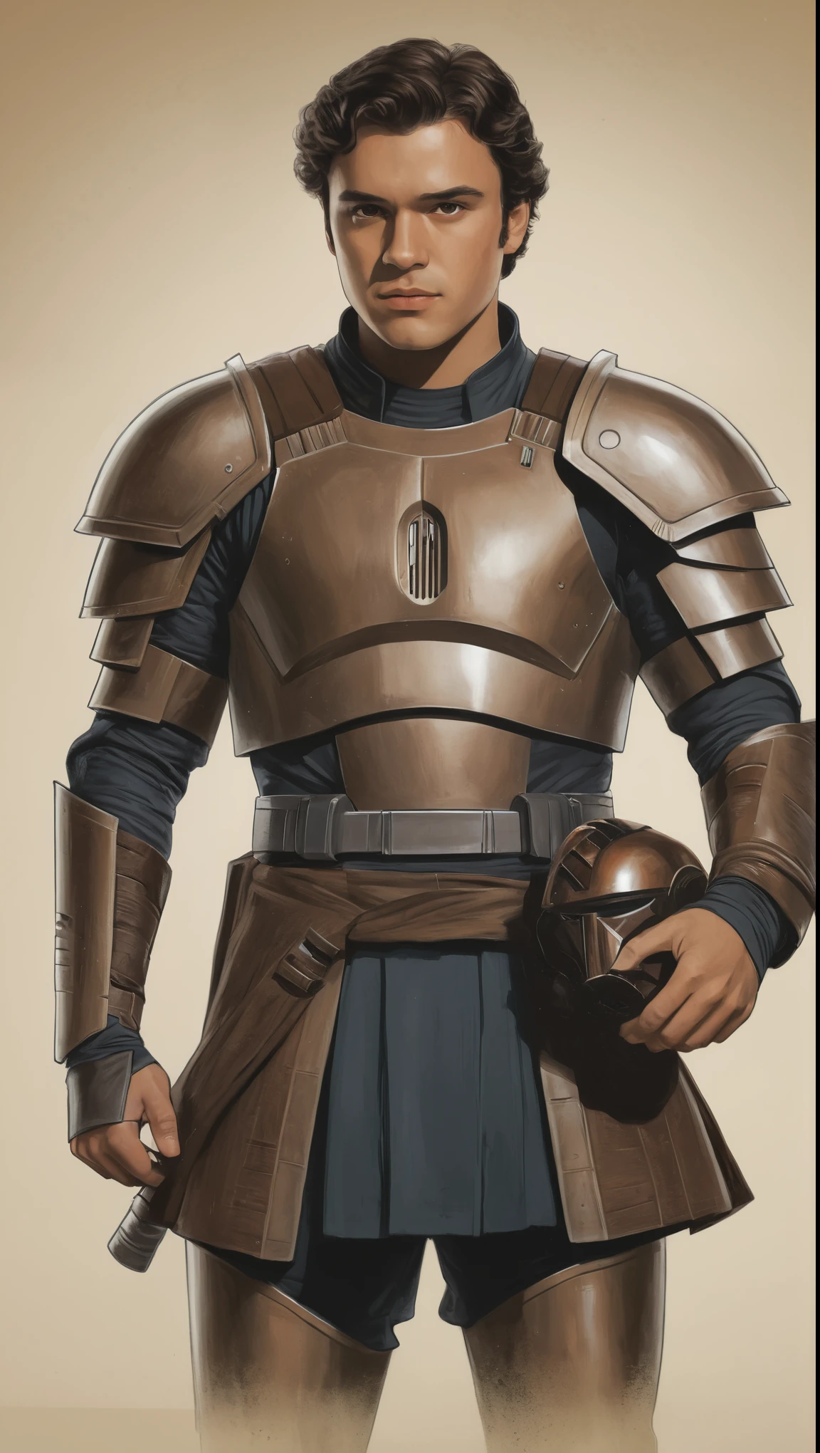 An illustrated movie poster, hand-drawn, full color, a Jedi Knight, 28 years-old, wearing a clone armor cuirass, resembles Gavin Leatherwood, sun-tanned skin, stocky physique, deep brown eyes, wide bulbous nose, black hair, curly hair, thick bushy eyebrows, extremely hairy chest, stomach, and arms, lots of body hair, posing on a pedestal, hard shadows, graphite shading, stencil markings, airbrushed acrylic paint, masterpiece, in the style of Star Wars