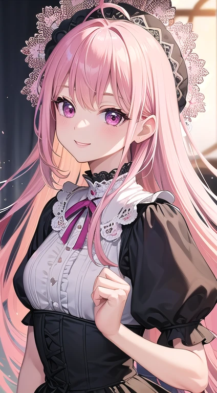 最high quality,very detailed,high quality,Extremely detailed,masterpiece,Super fine,ultra high resolution,超high quality,super delicate face,super realistic,(1 person:1.2)、woman、(Mature:1.5)、pink hair color、(pink eyes)、small breasts 、slender body、Ahoge、(Smile:1.3)、Black Lolita Fashion