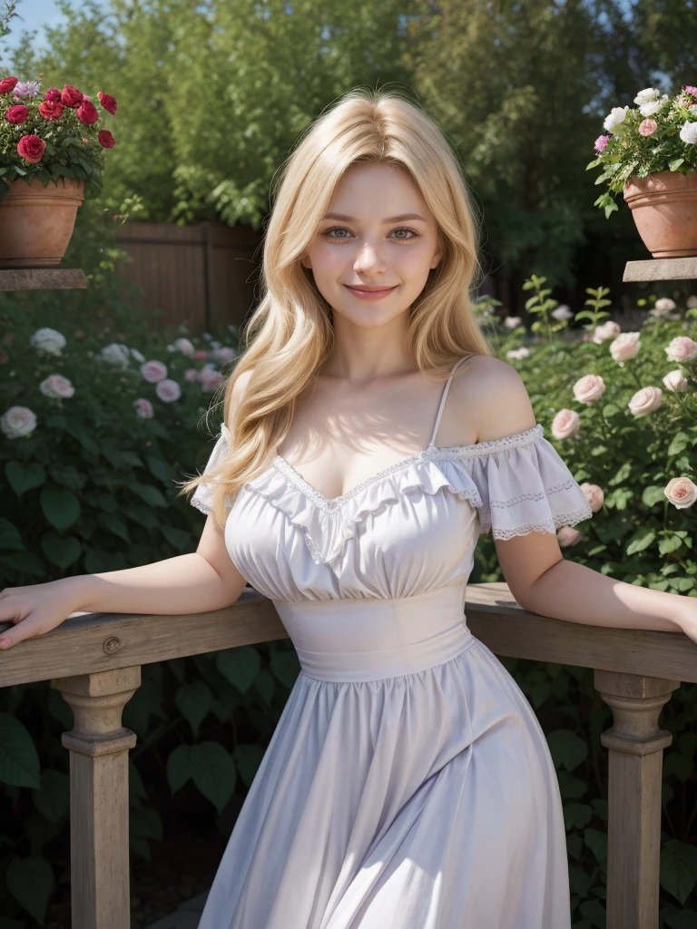 arafed woman smiling, ukrainian girl, russian girl, warm smile, beautiful and smiling, beautiful nordic woman, big bust, russian style, lovely woman, attractive woman, mature woman, very very beautiful woman, portrait, half body, en un jardin con muchas flores, rosas, 25 year old woman, milf, milf woman