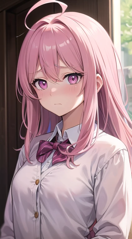 最high quality,very detailed,high quality,Extremely detailed,masterpiece,Super fine,ultra high resolution,超high quality,super delicate face,super realistic,(1 person:1.2)、woman、(Mature:1.5)、pink hair color、(pink eyes)、small breasts 、slender body、Ahoge、look at the camera、(embarrassed expression:1.5)、, cardigan