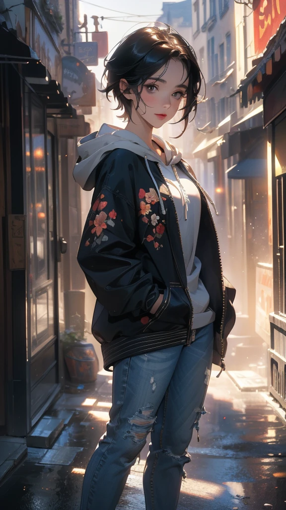 (Highly detailed CG unit 8k wallpaper, masterpiece, High resolution, highest quality, natural skin texture), Composition from head to stomach:1.5, (20 year old woman, Hands in pockets pose:1.3, smile, detailed eyes, gradient eyes), (Stalgic Fashion, detailed costume, fine embroidery, Hoodie Oversized Long Denim Jacket, Asymmetrical short hair:1.2), (Backstreets of Paris:1.3, Colourful flower beds along the road, cinematic lighting), high contrast, hyper realistic, digital painting, concept art,