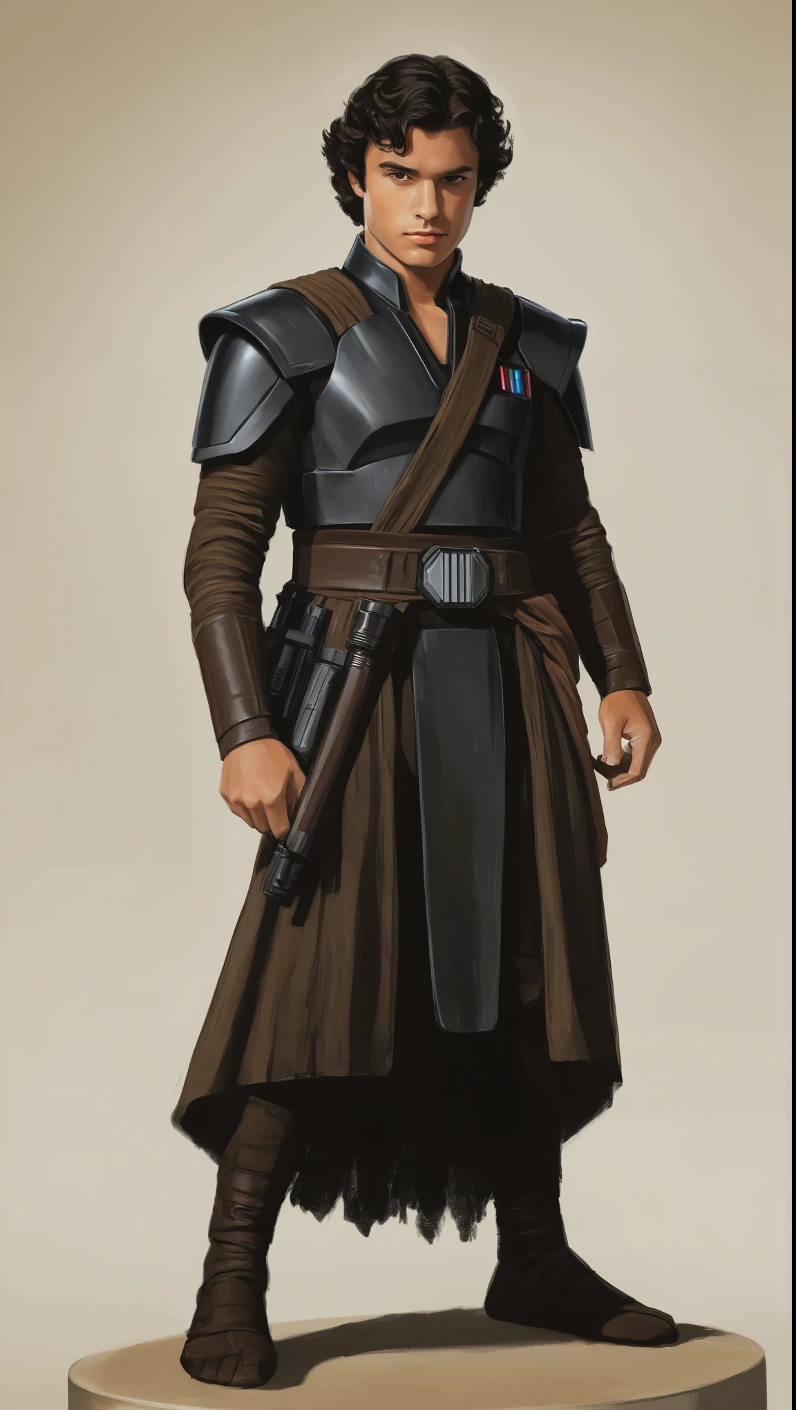 An illustrated movie poster, hand-drawn, full color, a Jedi Knight, 28 years-old, wearing a dark jedi tunic, resembles Gavin Leatherwood, sun-tanned skin, stocky physique, deep brown eyes, wide bulbous nose, black hair, curly hair, thick bushy eyebrows, extremely hairy chest, stomach, and arms, lots of body hair, posing on a pedestal, hard shadows, graphite shading, stencil markings, airbrushed acrylic paint, masterpiece, in the style of Star Wars