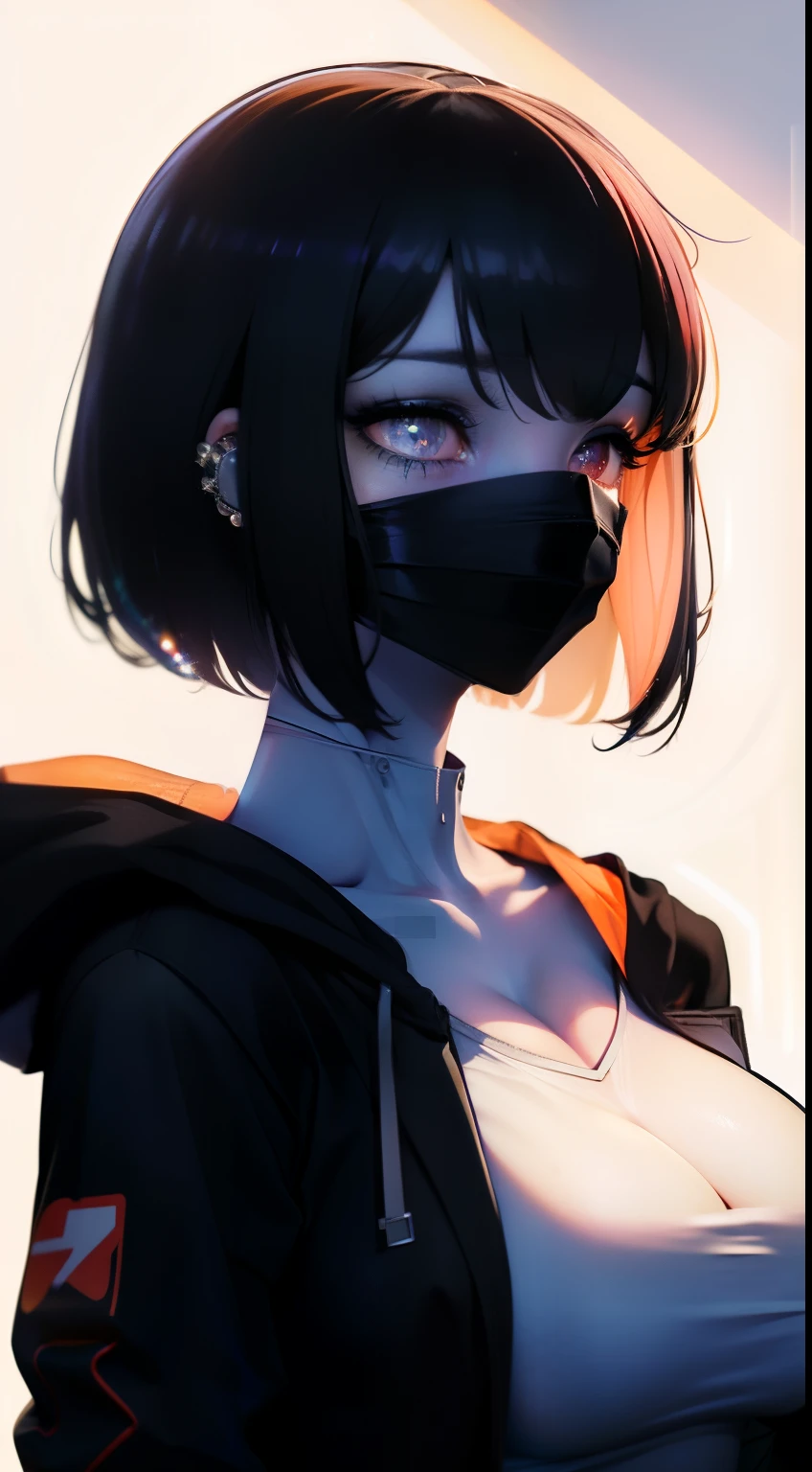 Cinematic lighting、(key light:Front diagonal 45 degrees, fill light、Backlight、shadow、blue and orange color palette), accurate human body、detailed person、Correct five-finger、RAW photo、 4K - ultra-vivid、highest quality, masterpiece, ultra high resolution, (reality: 1.4),
(((oil skin,sparkling skin、realistic skin texture、detailed beautiful skin、shiny skin、shiny skin)))、
upper body shot, camera angle is low, Depth of the bounds written, Focus on the center, fine eyes, perfect face and eyes、
At the amusement arcade, game console, game machine,
girl, short bob black hair, , black Hoodie with pockets, plaid miniskirt, purple collar, black face mask, piercing,
small breasts, slender, standing , naughty,
zettai ryouiki, absurd resolution, absurd detailed, best quality, (((big breasts)))