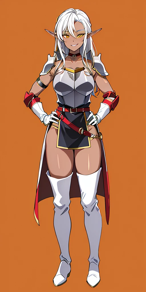 ((orange background)) 1solo DARK SKIN elf, long hair, white hair, yellow eyes, full body, female soldier standing on black background looking at viewer wearing armor and a pair of militar brown boots (breastplate, shiny, armor, thigh highs, high boots, shoulder armor, faulds, poleyn, gloves, gauntlets, bracers, choker leather collar) WRIST HANDCUFFS, smile, red cheeks, lustful smirking smile face red blushed red cheeks, HANDS ON HIPS clenching fist
