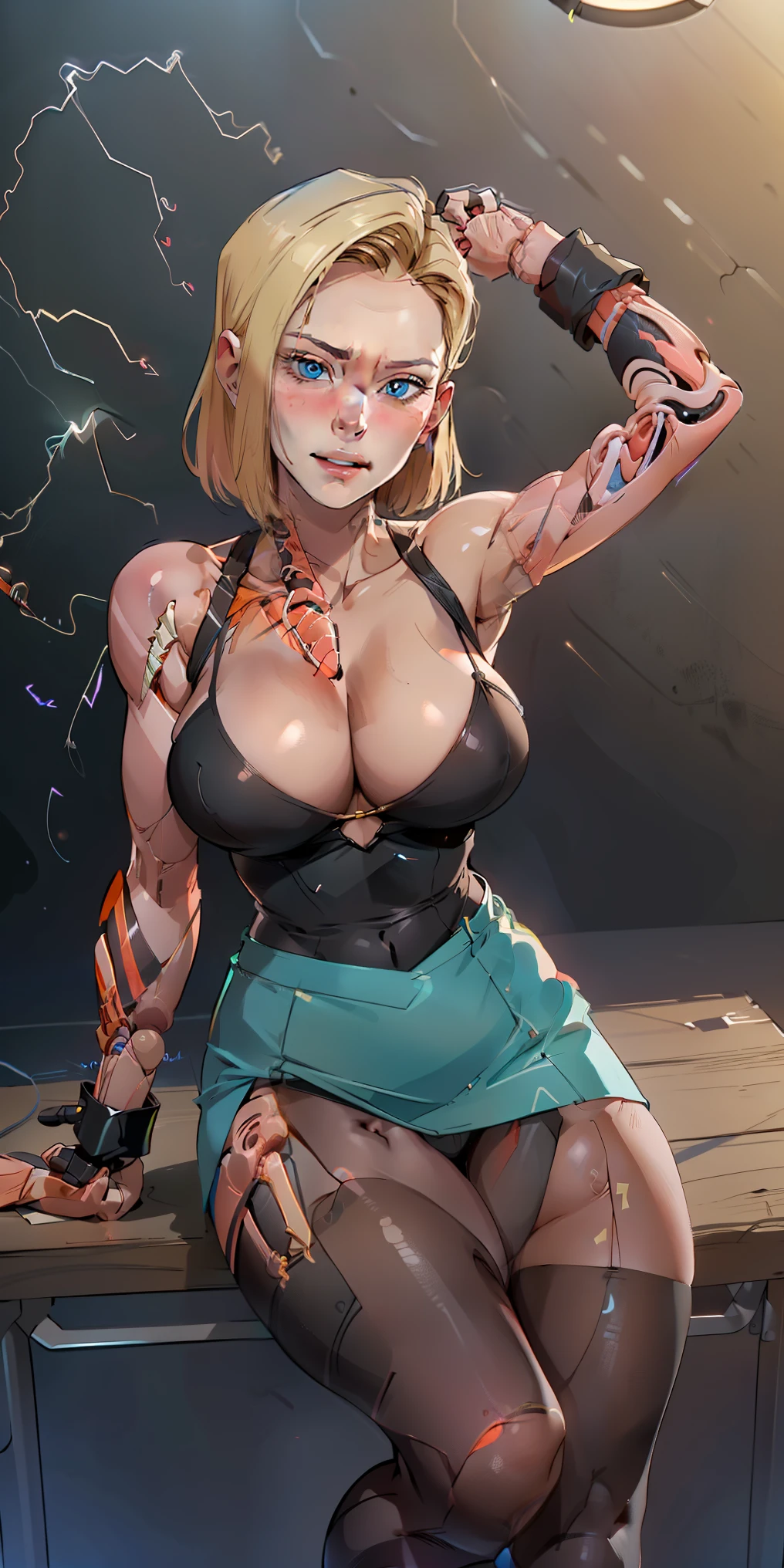 Hyper realistic super detailed sexy Android 18, Very detailed, expressions faciales sexy, seductive facial expressions, [:(Face detail: 1.4): 0.4], 16K resolution, 4k resolution, dinamic lighting, High definition resolution, (hyper realistic: 1.4), (back light: 1.2), (Nuit: 1), (pleine hauteur: 1.8),(contrasting background: 1.5), (Anatomy of the hyperrealistic arm), (Hyperrealistic anatomy of the legs), (peau propre), (lighting cinematic: 1.7), (intime), (Technologie NVIDIA RTX Ray Tracing), (Anatomy of the hyperrealistic arm: 2), (Ventre plat parfait), (image couleur),Cute, (lovely), ((Sexy)), (Ero), ((Extremely detailed)), 4K, (8K), Best Quality, (Beautiful), Illustration, Anime style, perfect anatomia、Android 18、breastsout、‎Classroom、cleavage of the breast、clavicle、desk、From above、big breasts, on desk, Android 18, solo, blonde hair, blue eyes, masterpiece, best quality, highres, playboy bunny, rabbit ears, black pantyhose, red bowtie, wrist cuffs, black leotard, large breasts, sitting on, Sitting on a desk, skirt by the, solo, thighs thighs thighs thighs, red blush, ssmile
