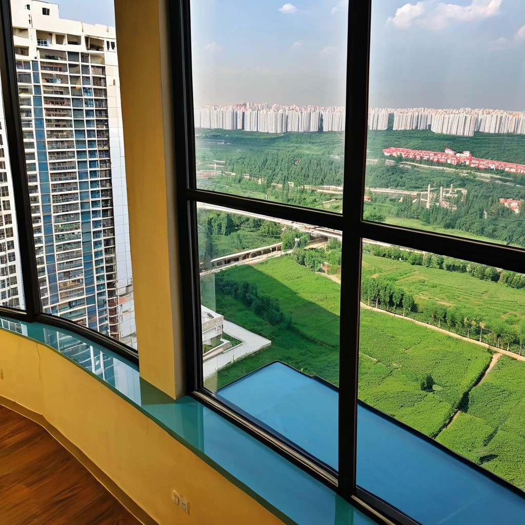 From inside the apartments , huge window glass, the view of the metro city.